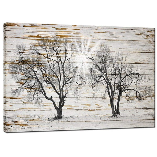 sechars - Black and White Tree in Sunrise on Rustic Wooden Background Canvas Print Winter Landscape Picture Giclee Print on Canvas,Framed and Ready to Hang,Modern Home Ofiice Wall Decor - 24"x36"