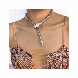 Cubahop Snake Pendant Choker Necklaces Bracelets Set Rhinestone Necklace Hand Chain Jewellery for Women and Girls (Silver Necklace)