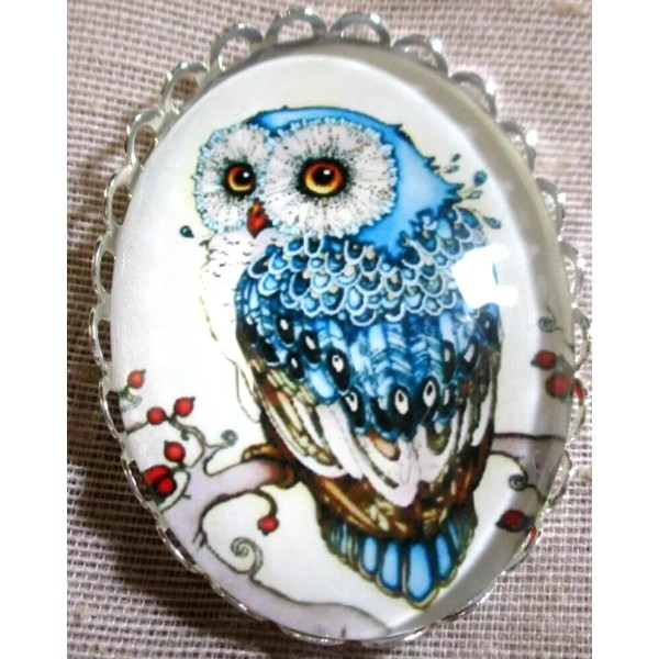 XL GLASS DOME PIC BUTTON BEAUTIFUL BLUE OWL IN SILVER