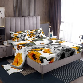Highland Cow Bed Sheet Set Highland Cattle Bedding Set Sunflowers Print Fitted Sheet Yellow Flowers Flat Sheet for Kids Boys Girls Full