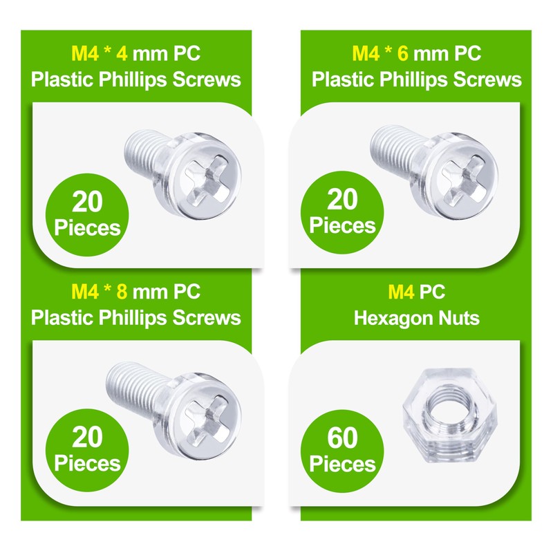 Pzsmocn 120pcs M4*4mm/M4*6mm/M4*8mm PC Transparent Plastic Phillips Round Head Screws