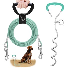 Reflective Dog Stakes for Outside Kit,Dog Tie Out Cable,30ft Heavy-Duty 200Lbs Stake with 360° Rotating Clip,Waterproof Bite-Proof Leash for Camping/Yard (Green)