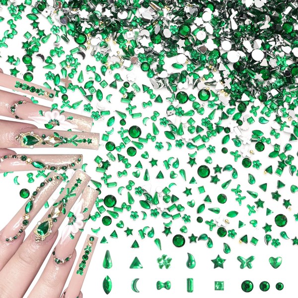 3000 Pcs Mini Green Rhinestones for Nail Art, Multi Shapes