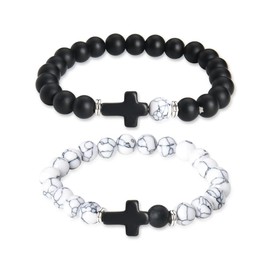 Couples Bracelets for Him and Her Wife Husband Anniversary Valentines Gifts for Boyfriend Girlfriend Best Friend Birthday Gift Cross Bracelet for Women Men Natural Stones Bracelets Set for 2