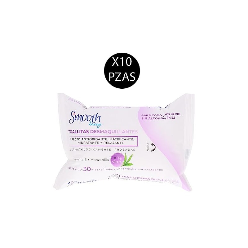 Set 10 Paquetes Toallitas Desmaquillantes 30 Pzas c/u Té Verde