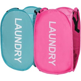 Collapsible Laundry Hamper 2 pack Mesh Pop Up Laundry Hamper with Handles, Foldable Laundry Basket for Kid's Room, College Dorm, RV, Travel (Pink + Sky Blue)