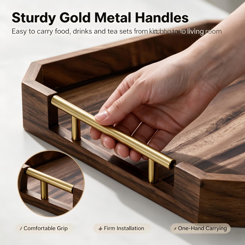 Wooden Serving Tray with Metal Handles, Acacia Wood Rectangular Decorative