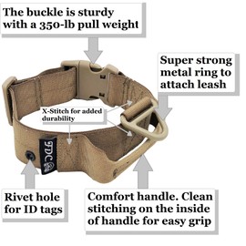 Heavy Duty Dog Tactical Collar with Handle 1.5in Width Training Military Army TAG Hole Medium Large M, L, XL, XXL (XL: Neck 16" - 20", Coyote Desert Tan)