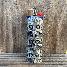 Three Skull Face Skeleton Metal Lighter Case Cover Holder fits BIC Full Standard Size Lighter J6