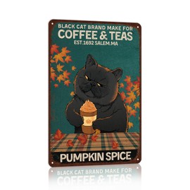 Retro Cat Metal Sign Vintage Coffee Bar Tin Signs Funny Wall Decor - black cat brand make for coffee & teas EST.1692 salem.ma pumpkin spice