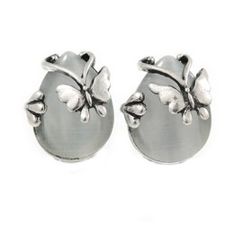 20mm Tall/Vintage Inspired Milky White Glass Teardrop with Butterfly Motif Clip On Earrings In Silver Tone