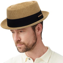 Straw Pork-Pie Fedora-Hat for Men Women - Classic Trilby Sun-Hat Summer Derby Boater-Hat Beach Travel Holiday Acc, Black Band Decor Khaki, Medium-Large