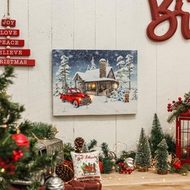 NIKKY HOME 16" x 12" Christmas LED Lighted Canvas Wall Art Prints Light Up Red Truck House and Snowman Picture Winter Snow Scene for Holiday Decor