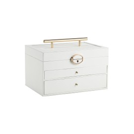 Hatori Jewelry Organizer Box for Women, 3-Layer Large Capacity Jewelry Storage with Auto-Lifting Necklace Tray & Mirror, Multi-Functional Case for Earrings, Bracelets, Rings & Cosmetic Accessories