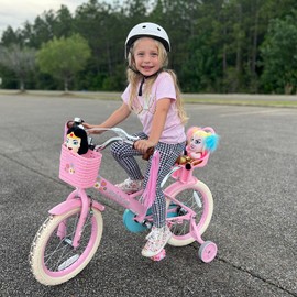 JOYSTAR 14 Inch Kids Bike Girls Bike with Training Wheels Doll Seat Basket & Streamers Princess Kids Bicycle for Girls Toddler Bike 3-5 Years Pink