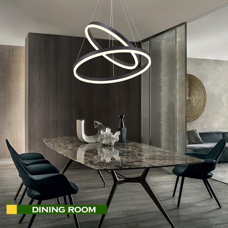 Benkut 2-Rings Modern LED Chandelier Black for Dining Room, Circular