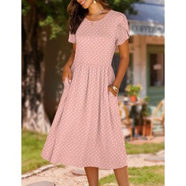 HOTOUCH Summer Dress for Women 2025 Elegant Classy Casual Short Sleeve Aline Flowy Midi Sundress Round Dot Pink Floral Beach Dresses