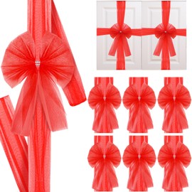 Qeeenar 6 Pcs Christmas Red Tulle Cabinet Door Ribbon and Large Red Bows Christmas Kitchen Cabinet Decor Festival Red Ribbons and Bows for Xmas Tree Fireplace Home Front Door Party Supplies