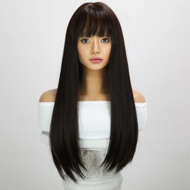 Smilco Hot Selling SMILCO Fashion Wig with Full Bangs Tea Black Long Straight Hair Wig High Temperature Silk Headpiece Cover Wig SM7234Length: 22 Inch, color: tea black color, Stretched Length: 22"