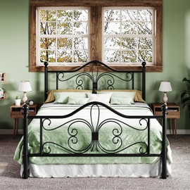 Allewie Queen Size Bed Frame with Headboard,Metal Bed Frame with Butterfly Pattern Design Headboard & Footboard,No Box Spring Needed,Easy Assembly,Black