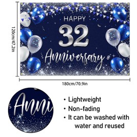 Happy 32nd Anniversary Backdrop Banner Decor Navy Blue – Silver Glitter Happy 32 Years Wedding Anniversary Party Theme Decorations for Women Men Supplies