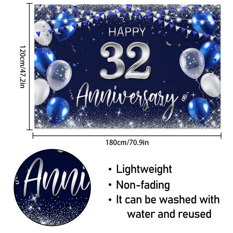 Happy 32nd Anniversary Backdrop Banner Decor Navy Blue – Silver
