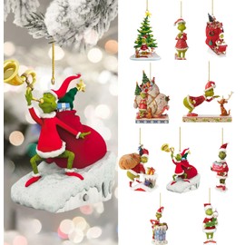AWAVM Set of 10 Grinchs Christmas Tree Decorations, 2D Flat Grinchs Christmas Tree Ornaments,Grinch Baubles, 9cm Cute Grinchs Christmas Decorations Tree Pendants Party Supplies Holiday Decor