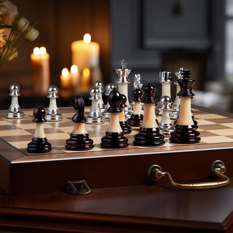 Deluxe Chess Set 16.5'' Wooden Large Folding Chess Board Game
