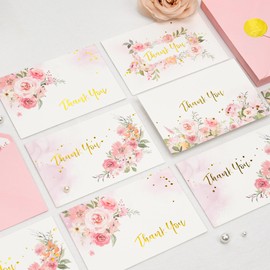 Crisky 4 Assorted Pink Gold Watercolor Floral Thank You Cards with Envelopes (50 Pack) & Stickers for Birthday, Baby Shower,Bridal Shower, Wedding, Graduation