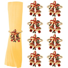 MOAMUN 8 PCS Christmas Gold Napink Rings, Metal Bell Napkin Holders Set, Diamond Napkin Buckle for Christmas Thanksgiving Wedding Birthday Party Table Decor