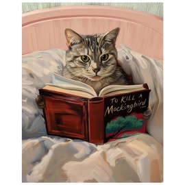 Reading Cat Wall Art 11x14 - Funny Tabby Cat Book Lover Wall Decor - Cute Literary Kitty Print for Girls Bedroom, Women's Home Office - Pink Aesthetic Room Decoration - Pet Lover Gifts - Unframed