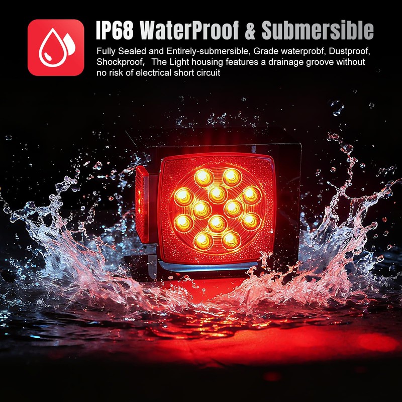 PVerandio 2pcs Submersible Square LED Trailer Light Kit 12V Red
