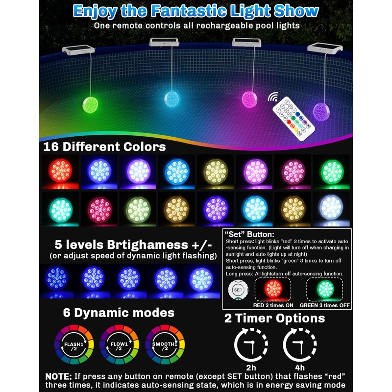 Pool Lights, Upgraded Solar Submersible LED Lights with Remote, 4.55