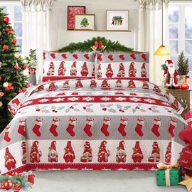3 Pcs Xmas Quilts Full/Queen Size Red White Gray Christmas Bedspread Elf Snowflake Gingerbread Man Decorations Stripe New Year Bedding Home Decor