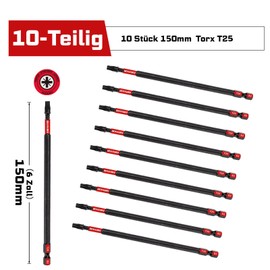 GEINXURN Pack of 10 T25 Impact Resistant Screwdriver Bit Set, 150 mm Length, Strong Magnetic #25 Torx Screwdriver Bit, 1/4 Inch Hex Shank Drive Bits, S2 Alloy Steel T25 Screwdriver Bits Set