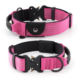 Plutus Pet Tactical Dog Collar with Tracker Pocket for AirTag, Adjustable Reflective Nylon Collar, Metal Buckle, Leather-Wrapped Handle, Soft Padded for Medium Large Dogs (Pink, S)
