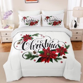 GRAT TIOC Christmas Comforter Twin,Xmas Bedding Set Set,Red Poinsettia Flowers Comforter Merry Christmas Bed Bedroom Set Home Decor for Kids Girls Women White