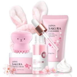 Skincare Set Sakura Teen Girl Gift - Cleanser Serum Cream for 10-12 Teens Travel Size Facial Kit Cleansing Brush for Women with Rabbit Headband (5pcs) Size / 스킨케어 세트 사쿠라 틴 걸 선물 - 10-12 청소년용 클렌저 세럼 크림 토끼 머리띠를 가진 여성용 여행용 사이즈 페이셜 키트 클렌징 브러시 ( 5pcs ) Size