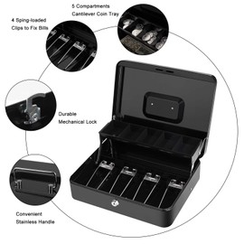 Cash Box with Lock Key and Money Tray - Large Money Box for Cash Register, Metal Lock Box for Money Safe 11.8" x 9.4" x 3.54" Black