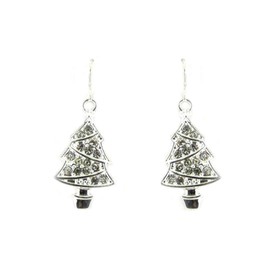 Christmas Tree Silvertone Bling Dangle Earrings Shining Bright with Brillance Cute Holiday Stocking Stuffer Gifts