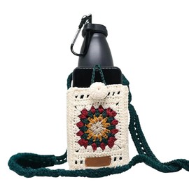 Macrame Water Bottle Holder – Adjustable Crossbody Carrier with Phone Pocket – Handmade Boho Water Bottle Bag for Walking, Hiking, Camping, Travel – Eco-Friendly Cotton with Long Strap