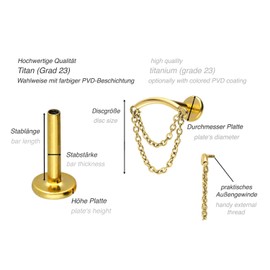 PIERCINGLINE Titanium Labret with Internal Thread Bow + 2 Chains Piercing Ear Hidden Helix Choice of Colours and Sizes, Titanium