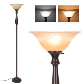 Torchiere Floor Lamp for Living Room, Standing Lamp with Glass Shade, Iron Brushed Nickel Floor Lamps, Corner Lamps for Bedroom, Office, Reading (Dark Brown)