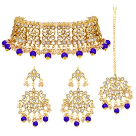 Aheli elegante indio falso Kundan collar de gargantilla tachonado con Maang Tikka Set Ethnic Wedding Wear Fashion Jewelry para mujeres (azul)