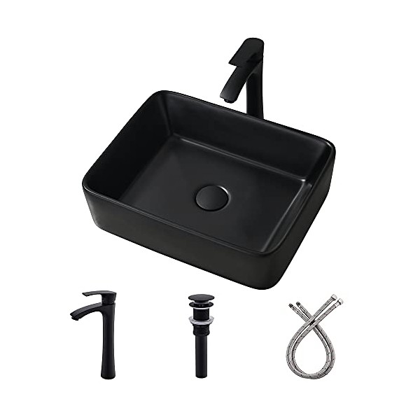 Black Vessel Sink with Faucet and Drain Combo -Bokaiya 19x15