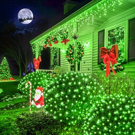 JMEXSUSS Green Christmas Net Lights 360 LED 12ft x 5ft Bush Lights Outdoor Plug in 8 Modes with Remote Connectable for Christmas Patrick Day Decorations, Clear Wire