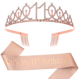 11th Birthday Decorations for Girls,Rose Gold Glitter Sash & Rhinestone Crown for 11 Year Old Girl Birthday Decor,Ideal Princess Gifts and Accessories for Little Birthday Girl