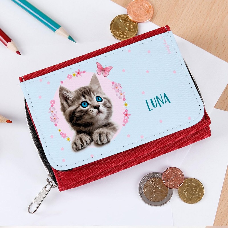 Striefchen® Girls Wallet with Cat and Name of Choice, red,