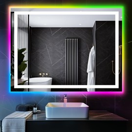 36x28 Inch RGB LED Bathroom Mirror Front Light LED Bathroom Mirror with 3 Colors, Vanity Mirror with Lights, Anti-Fog Wall Mounted, Dimmable Touch Switch Control, Memory Front and Backlit Smart Mirror