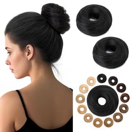 Hairro Human Hair Messy Bun, 100% Real Ponytail Hair Scrunchies, Natural Curly Chignon Fluffy Donut Updo, Hairpiece with Elastic Rubber Band for Women, 2 Count Jet Black Straight